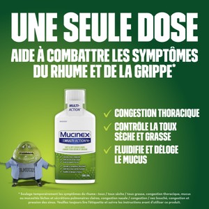 Texte au milieu du plan produit du Liquide Mucinex Multi-Action Toux sèche et grasse sur fond vert.