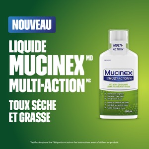 Texte à côté du plan produit avant du Liquide Mucinex Multi-Action Toux sèche et grasse sur fond vert.