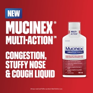 Image text beside Mucinex Multi-Action Congestion, Stuffy Nose & Cough Liquid packshot against a red background.