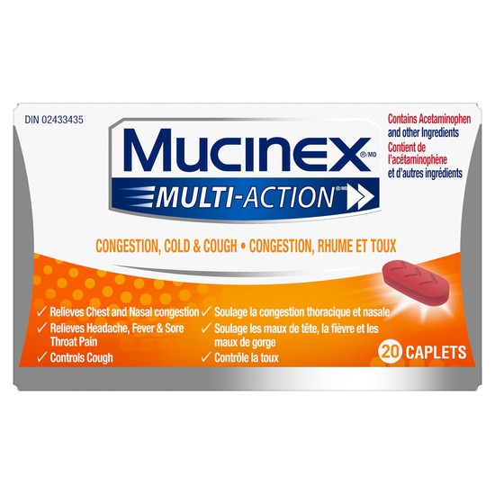 Plan produit de Mucinex Multi-Action Congestion, rhume et toux dans un emballage orange et blanc.