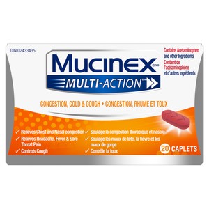 Packshot of Mucinex Multi-Action Congestion, Cold & Cough in an orange and white pack.