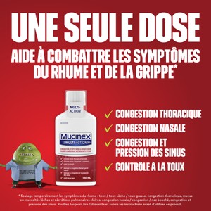 Texte au milieu du plan produit du Liquide Mucinex Multi-Action Congestion, nez bouché et toux sur fond rouge.