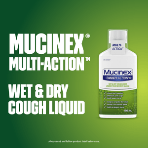 Image text beside Mucinex Multi-Action Wet & Dry Cough Liquid packshot against green background.