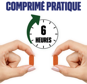 Texte au-dessus d’une horloge indiquant six heures, avec une flèche verte pointant vers le sens horaire et deux mains tenant une pilule orange.