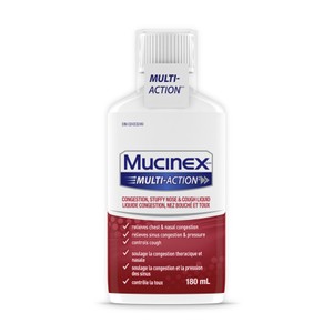 Front of Mucinex Multi-Action Congestion, Stuffy Nose & Cough Liquid packshot.