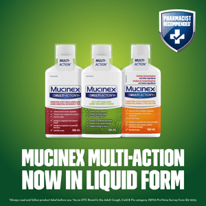 Three Mucinex Multi-Action Liquid product packshots with image text and Pharmacist Recommended badge on top right corner against green background.