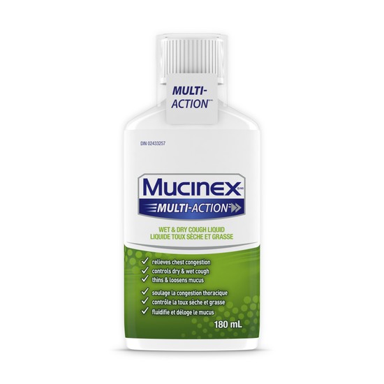 Front of Mucinex Multi-Action Wet & Dry Cough Liquid packshot.