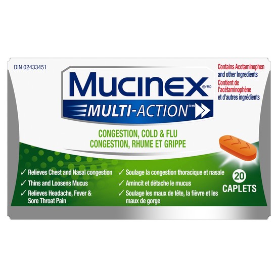 Plan produit de Mucinex Multi-Action Congestion, rhume et toux dans un emballage vert et blanc.