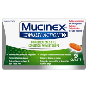 Plan produit de Mucinex Multi-Action Congestion, rhume et toux dans un emballage vert et blanc.