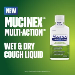 Image text beside Mucinex Multi-Action Wet & Dry Cough Liquid packshot against green background.