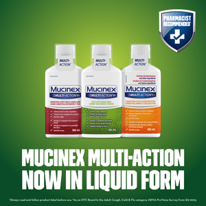 Three Mucinex Multi-Action Liquid product packshots with image text and Pharmacist Recommended badge on top right corner against green background.