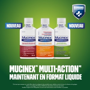 Trois photos du plan produit du Liquide Mucinex Multi-Action Toux sèche et grasse sur fond vert accompagné du texte et du badge « Recommandé par les pharmaciens » dans le coin supérieur droit.