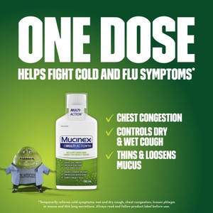 Image text scattered among a  Mucinex Multi-Action Wet & Dry Cough Liquid packshot and Mr. Mucus mascot against a green background.