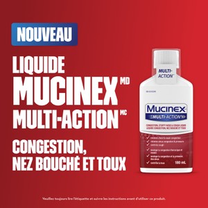 Texte à côté du plan produit du Liquide Mucinex Multi-Action Congestion, nez bouché et toux sur fond rouge.