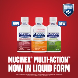 Three Mucinex Multi-Action Liquid product packshots with image text and Pharmacist Recommended badge on top right corner against red background.