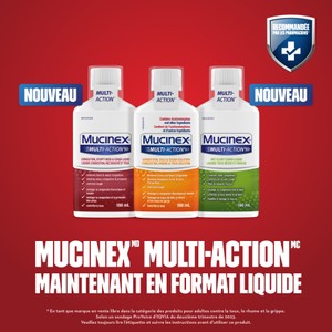 Trois photos du plan produit des liquides Mucinex Multi-Action sur fond rouge accompagné du texte et du badge « Recommandé par les pharmaciens » dans le coin supérieur droit.