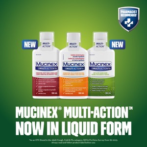 Three Mucinex Multi-Action Liquid product packshots with image text and Pharmacist Recommended badge on top right corner against green background.